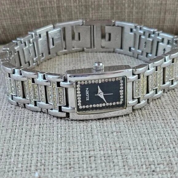 Vintage Elgin Women Wristwatch Silver Tone Crystals Accent Band Analog Watch - Picture 4 of 11